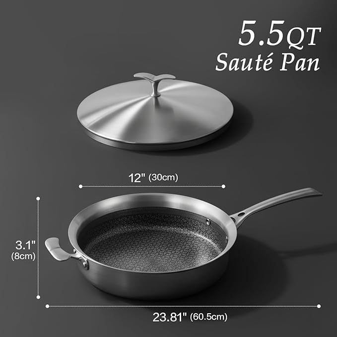 12 Inch Frying Pan Non Stick with Lid, Tri-ply Stainless Steel Saute Pan 5.2QT with Stainless Steel Lid, Fast and Even Heating Stay Cool Handles Induction Dishwasher & Oven Safe PFOA Free Cookware