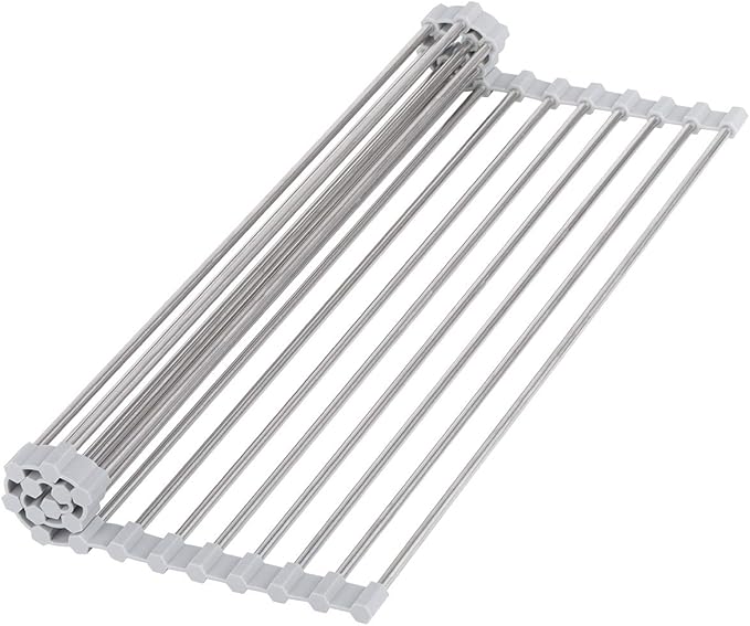 Hhyn Roll-Up Sink Drying Rack 17.7"(L) x 13.8"(W) - Multipurpose Heat Resistant Over The Stainless Steel & Silicone Dish Rollable Kitchen Drainer, Gray
