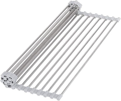 Hhyn Roll-Up Sink Drying Rack 17.7"(L) x 13.8"(W) - Multipurpose Heat Resistant Over The Stainless Steel & Silicone Dish Rollable Kitchen Drainer, Gray
