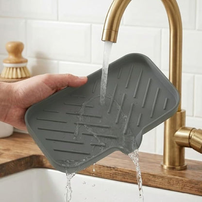 MicoYang Silicone Soap Dish with Drain Spout — Self-Draining Sink Organizer Tray for Bathroom & Kitchen, Sponges, Dispensers & Soap Holder, Non-Slip & Dishwasher Safe, Grey (Medium, 9.6"×5.3")