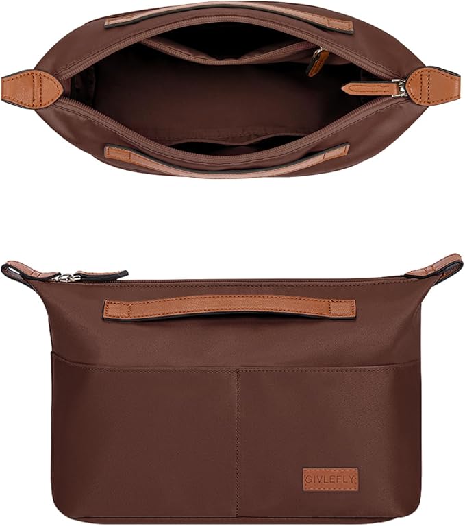 GIVLEFLY Purse Organizer with Zipper Tote Bag Organizer Inserts,Multiple Pockets Cup & Umbrella position Lightweight Medium Handbag Dividers with Handle, Fit for Longchamp Neverful(Brown,Large)