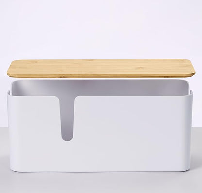 ZhiYo Bamboo Lid Cord Organizer Box, 2Pack Large Cable Management Box, Safe ABS Wire Organizer for TV and Computer, Wood Cover Cord Hider to Hide Wires, USB Hub & Under Desk Power Strip, White