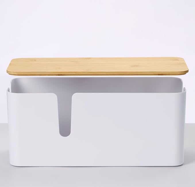 ZhiYo Bamboo Lid Cord Organizer Box, Safe ABS Cable Management Box for TV and Computer, Wood Cover Cord Hider to Hide Wires, Router, USB Hub & Under Desk Power Strip, 1 Pack L13.1 xW5.6 xH5.6 White