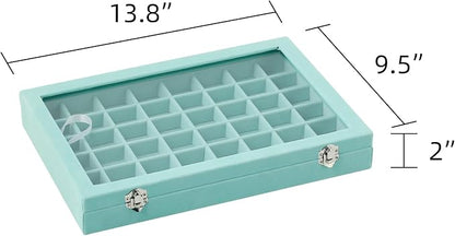 Frebeauty 48 Grid Jewelry Tray,Adjustable Earring Holder Organizer with Glass Lid,Velvet Drawer Jewelry Organizer for Rings,Studs,13.8 x 9.5 x 2 Inches Jewelry Display Box,Gift for Women(Turquoise)