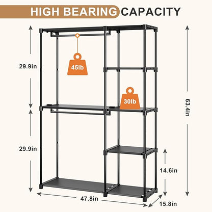 Portable Closet, Freestanding Wardrobe Closet Organizers and Storage,Open Clothing Racks for Hanging Clothes with 4 Shelves and 2 Hanging Rods，47.8x15.8x63.4 Inches