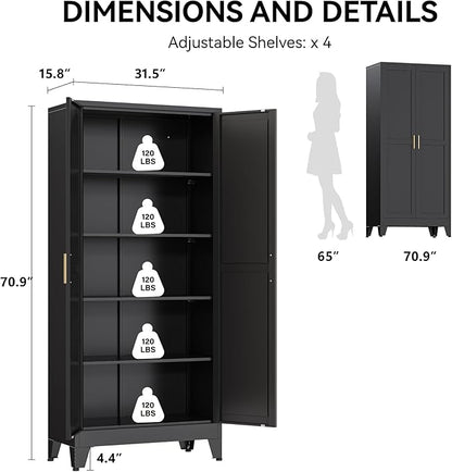 COFaR 71" Modern Pantry Cabinet in Black, 5-Tier Storage Cabinet with Adjustable Shelves, Industrial Steel Cupboard for Kitchen, Office & Living Room Organization