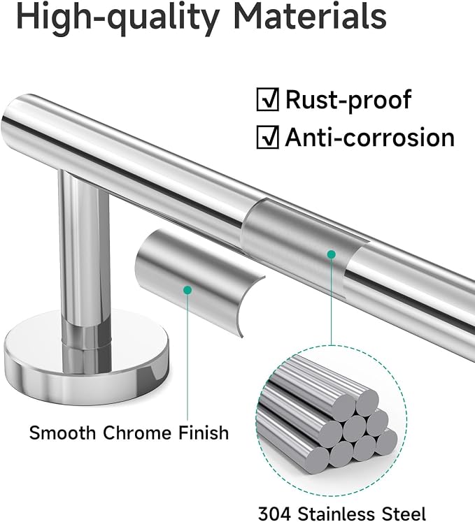 USHOWER Polished Chrome Towel Bar, 14-Inch Towel Racks for Bathroom Wall-Mounted, SUS304 Stainless Steel Towel Rod (Total Length 16-Inch)