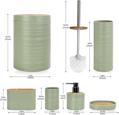 CERBIOR Bathroom Accessories Set 6 Piece Bamboo Bath Ensemble Includes Soap Dispenser, Toothbrush Holder, Toothbrush Cup, Soap Dish for Decorative Countertop and Housewarming Gift, Sriral Green
