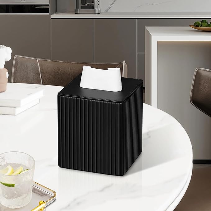 MEIBOOCH PU Leather Tissue Box Cover Square Tissue Box Holder with Magnetic Closure (Black Stripe)