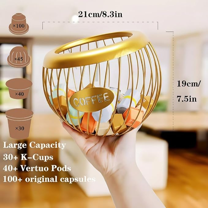 AIYICIII Coffee Pod Holder for Counter - Large Capacity Keurig K-Cup Organizer, Nespresso Vertuo Coffee Station Organizer, Metal Coffee Pods Storage, Coffee Bar Accessories and Decor (Gold)