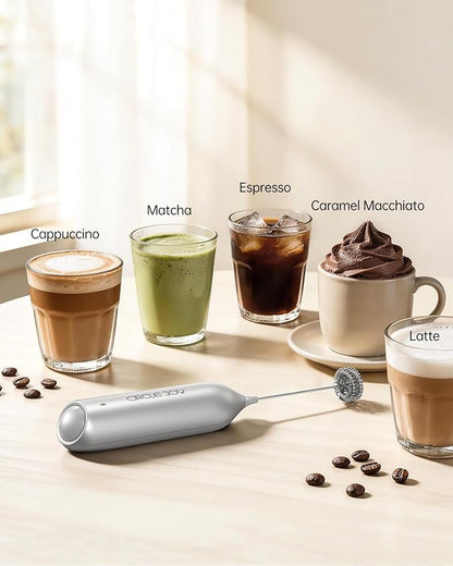 CIRCLE JOY Rechargeable Milk Frother Handheld with Stand, Dual Spring Whisk Electric Foam Maker, Detachable Hand Frother Wand Drink Mixer for Lattes, Cappuccino, Macchiato, Hot Chocolate, Silver