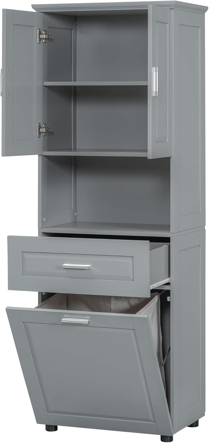 70" Tall Bathroom Storage Cabinet with Two Doors and Drawer, Open Space and Laundry Hampers for Home Display Organizer, Removable Laundry Basket, Adjustable Shelf, Gray