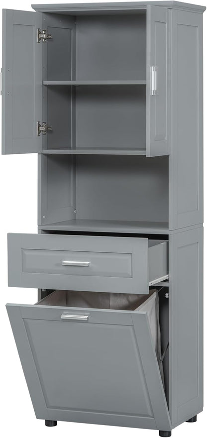 70" Tall Bathroom Storage Cabinet with Two Doors and Drawer, Open Space and Laundry Hampers for Home Display Organizer, Removable Laundry Basket, Adjustable Shelf, Gray