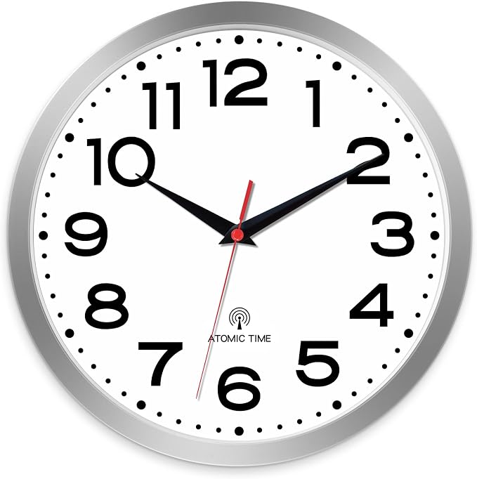Roymnie Atomic Wall Clock 12 Inch, Modern Clock Battery Operated Classic Analog Decorative for Kitchen, Living Room, Office, Bedroom, Bathroom (Silver)
