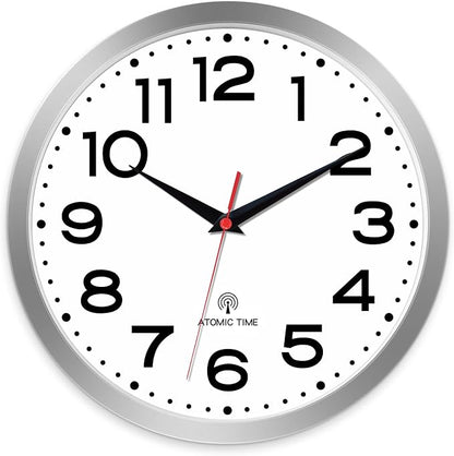 Roymnie Atomic Wall Clock 12 Inch, Modern Clock Battery Operated Classic Analog Decorative for Kitchen, Living Room, Office, Bedroom, Bathroom (Silver)
