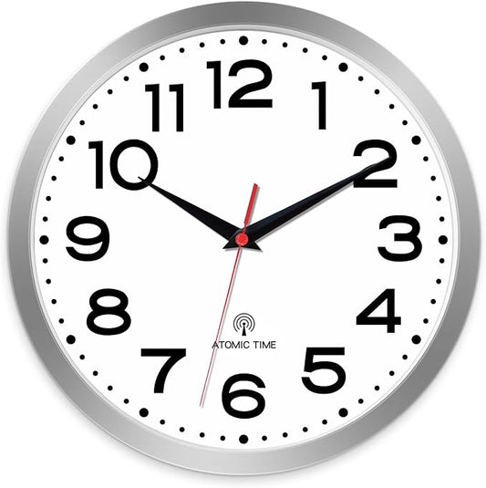 Roymnie Atomic Wall Clock 12 Inch, Modern Clock Battery Operated Classic Analog Decorative for Kitchen, Living Room, Office, Bedroom, Bathroom (Silver)