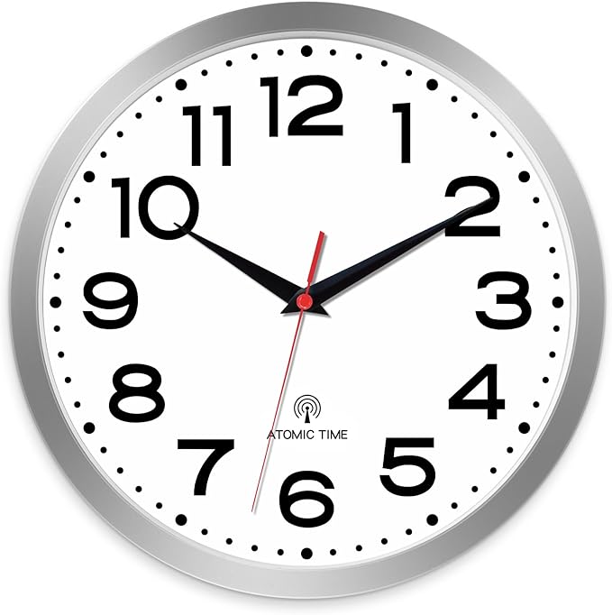 Roymnie Atomic Wall Clock 10 Inch, Modern Clock Battery Operated Classic Analog Decorative for Kitchen, Living Room, Office, Bedroom, Bathroom (Silver)