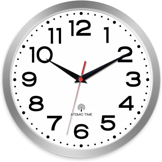 Roymnie Atomic Wall Clock 10 Inch, Modern Clock Battery Operated Classic Analog Decorative for Kitchen, Living Room, Office, Bedroom, Bathroom (Silver)