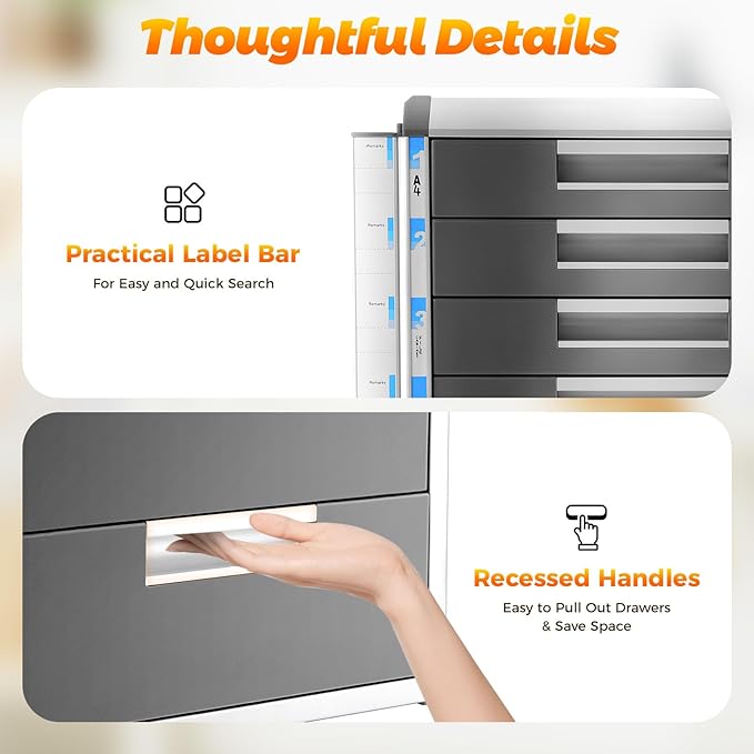 Desk Organizer with 5 Drawers, Metal Desktop Storage Cabinet File Holder with Locks and Keys, Filing Case Literature Organizer for Office Home, L12.4*D13.8*H16in, Silver & Grey