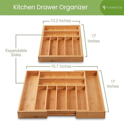 Purawood Bamboo Drawer Organizer, 2 Pack - Expandable Silverware Organizer & Utensil Organizer, Cutlery Tray with Dividers, 7-9 Slots- Premium Kitchen Organizer for Utensils & Flatware (Natural)