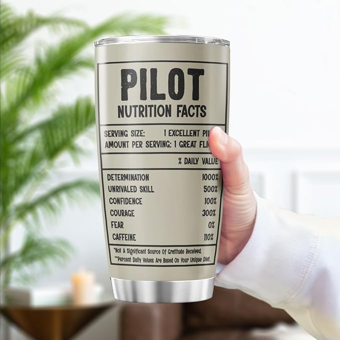 Pilot Nutrition Facts Tumbler Gift for Men, Aviation Panel Design 20oz Stainless Steel Cup, Funny Flight Coffee Mug for Pilot, Dad, Son, Husband, Birthday or Christmas