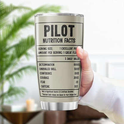 Pilot Nutrition Facts Tumbler Gift for Men, Aviation Panel Design 20oz Stainless Steel Cup, Funny Flight Coffee Mug for Pilot, Dad, Son, Husband, Birthday or Christmas