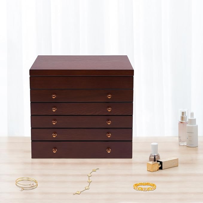 Wood Jewelry Box 6-Tier Large Jewelry Organizer Cabinet with 5 Drawers Women Girls Storage Display Case for Necklace Rings Earrings Accessories, with Mirror and Lock (With Mirror)