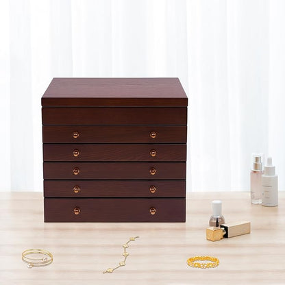 Wood Jewelry Box 6-Tier Large Jewelry Organizer Cabinet with 5 Drawers Women Girls Storage Display Case for Necklace Rings Earrings Accessories, with Mirror and Lock (With Mirror)