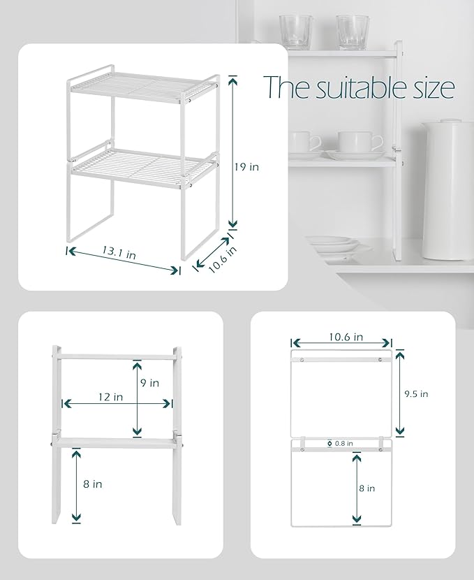 Shantton 2Pack Kitchen Cabinet Shelf Counter Organizer Rack Pantry Storage Bathroom Bedroom Office Table Desk Space Saving Stackable Rust Resistant Non Slip White Tall Wide L13.1in W10.6in H9.5in