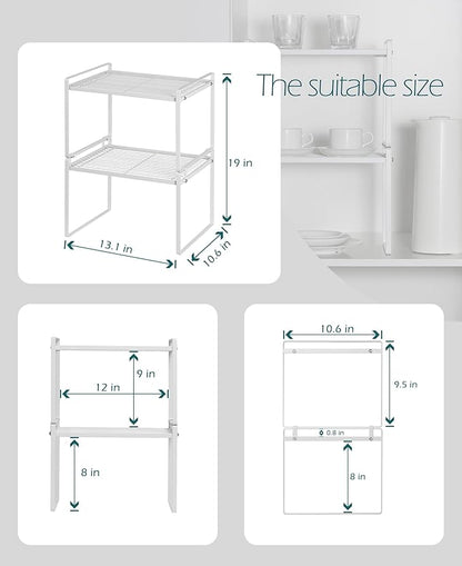 Shantton 2Pack Kitchen Cabinet Shelf Counter Organizer Rack Pantry Storage Bathroom Bedroom Office Table Desk Space Saving Stackable Rust Resistant Non Slip White Tall Wide L13.1in W10.6in H9.5in