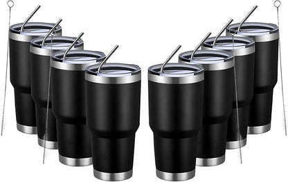 MEWAY 30oz Insulated Tumbler With Lids and Straws,Stainless Steel Double Vacuum Coffee Tumbler Cup, Brush, Durable Powder Coated Coffee Cup for Cold & Hot Drinks(Black,8 PACK)