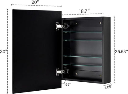 TEHOME 20'' x 30'' Black Recessed and Surface Mount Bathroom Medicine Cabinet with Mirror Matt Black Square Cornered Metal Framed Rounded Rectangle Medicine Cabinet Mirror