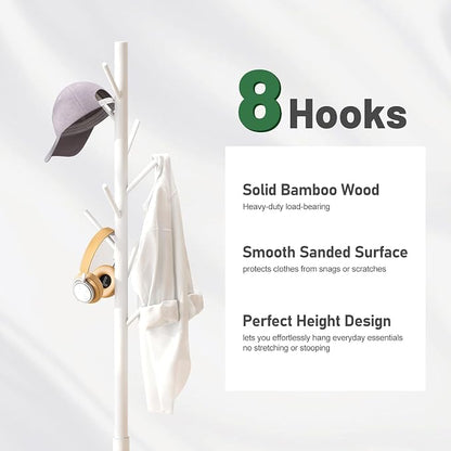 kiplant Coat Rack Stand with 8 Hooks, Adjustable Coat Standing Tree Easy Assembly for Coats, Hats, Scarves and Handbags for Entryway, Hallway, Bedroom, Office (Bamboo, White)