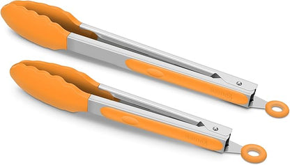 2 Pack Silicone Kitchen Tongs – 9" & 12" Set, Heat Resistant up to 500°F, Non‑Stick Cookware Safe, Wavy Silicone Tips, BPA Free, Locking Clip & Hanging Loop, Orange