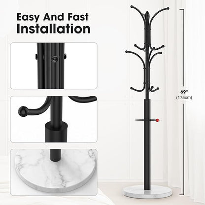 Coat Rack Freestanding,12 Hooks Coat Racks with Natural Marble Base & Umbrella Holder,Easy Assembly Coat Rack Stand for Hanging Scarf,Purse,Hats,Jacket(Black)