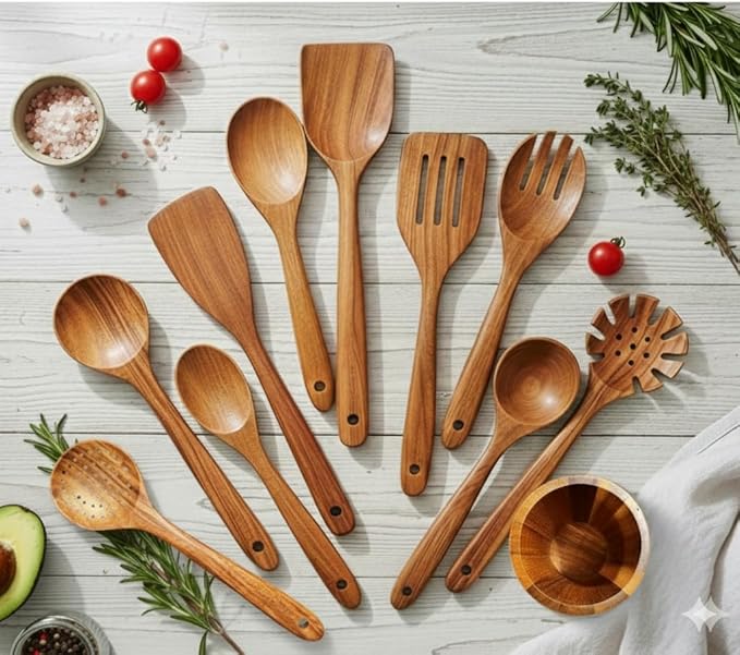 Home Hero Wooden Utensil Set 11 Pcs – Natural Teak Wooden Kitchen Utensils Set with Sturdy, Easy-to-Clean Wooden Spoons for Cooking – Non-Scratch Teak Cooking Utensils (11 pcs)