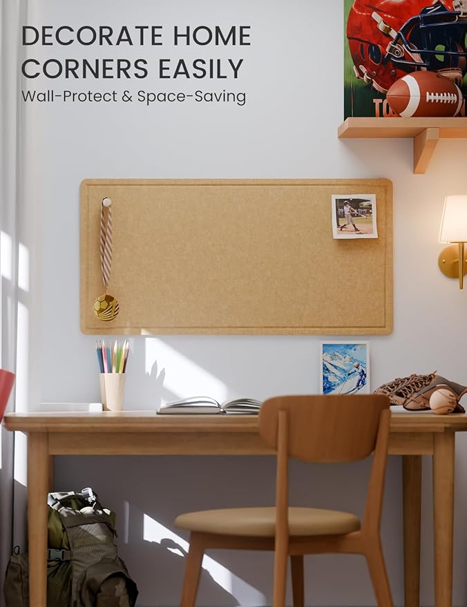 Fluxynara Bulletin Board, 35" x 17.5" Cork Board Alternative with 12 Safe Removable Adhesive Tabs, Foldable Felt Pin Board for Home Office, Classroom, Bedroom,Entryway for Walls— Mustard Yellow