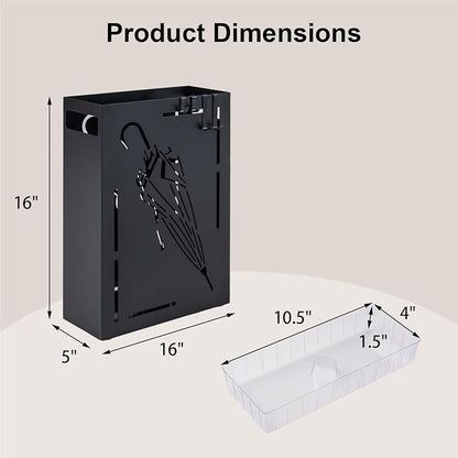 Goplus Metal Umbrella Holder, Rectangular Indoor Umbrella Stand Freestanding w/Removable Drip Tray, 4 Hanging Hooks, Heavy-Duty Umbrella Holders for Entryway, Home Office, 11 x 5 x 16 Inch, Black