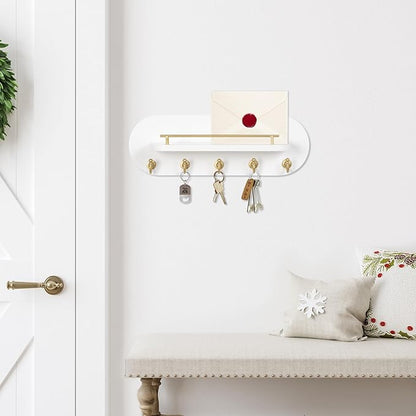 SANY DAYO HOME Key Holder Wall Mount White Wood Entryway Rack with 5 Gold Hooks, Metal Shelf Guardrail for Key Organizer, Living Room Decor (Oval, 14" x 5")