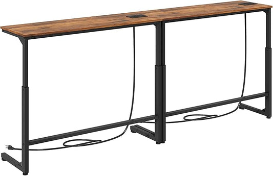 Kitstorack 2-Pack Rustic Brown Console Table, 7.9" Deep Panel, Adjustable Height (25"-33") & Built-in Power Outlets, Behind Sofa Couch, Includes 4.9' Power Cord - 79" L