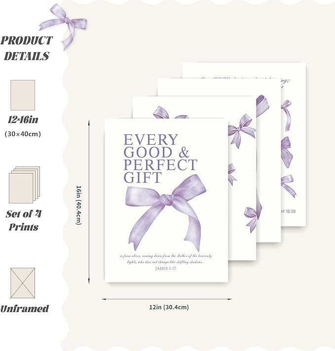 LARTSFRO Coquette Purple Bow Wall Art Decor Posters, Purple Bow Room Bedroom Bathroom Dorm Wall Art Decor Aesthetic for Teen Girls Gifts, Inspirational Bible Verses Bow Wall Decor, 10x8 Inch Set of 4 Pcs Bow Pictures (UNFRAMED)