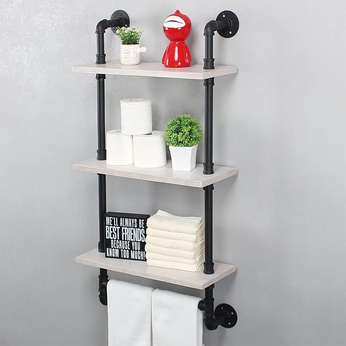 Bathroom Shelves Wall Mounted,19.6in Rustic Wood Shelf with Towel Bar,3 Tier Farmhouse Towel Rack Over Toilet,Pipe Shelving Floating Shelves Towel Holder,Black & White