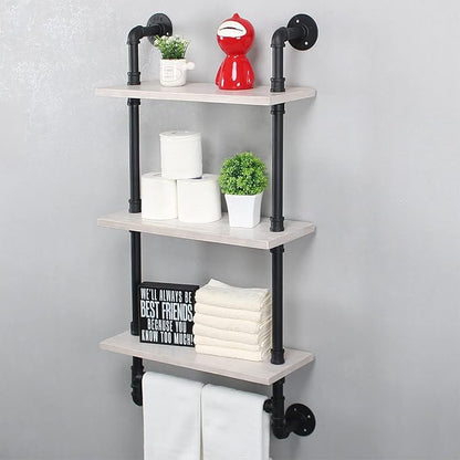 Bathroom Shelves Wall Mounted,19.6in Rustic Wood Shelf with Towel Bar,3 Tier Farmhouse Towel Rack Over Toilet,Pipe Shelving Floating Shelves Towel Holder,Black & White