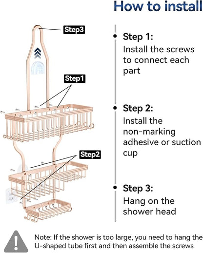 YASONIC Shower Caddy Hanging - Never Rust Shower Organizer - Aluminum over The shower head caddy with 10 Hooks for Razor/Sponge - Shower Rack with Soap Basket - Rose Gold
