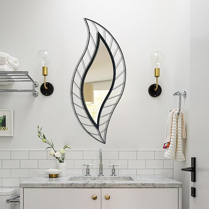 ironsmithn Decorative Wall Mirror, Leaf Teardrop Mirror with Metal Frame, 45" x 18.5" Black Wall Mounted Mirror for Bathroom Vanity Living Room Bedroom Fireplace