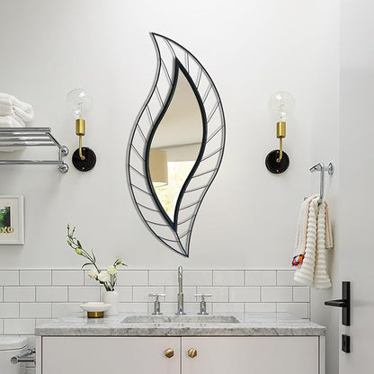 ironsmithn Decorative Wall Mirror, Leaf Teardrop Mirror with Metal Frame, 45" x 18.5" Black Wall Mounted Mirror for Bathroom Vanity Living Room Bedroom Fireplace