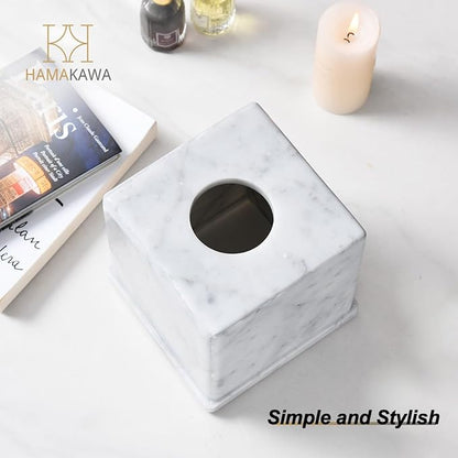 HAMAKAWA Natural Marble Tissue Box Cover, Carrara White Tissue Organizer 6 X 6 X 5.7 Inch, Heavy Stone Decorative Box, Square Tissue Box Holder for Home Decor, Kitchen, Bathroom, Bedroom