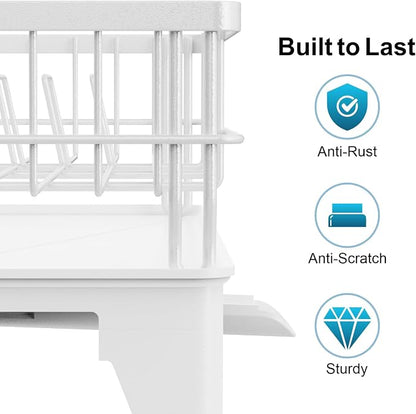 GSlife Expandable Dish Drying Rack for Kitchen Counter, Large Capacity 2-in-1 Rust Resistant Dish Drainer with Swivel Spout and Pull Out Over Sink Extension, 16.7" W x 12.6"-22.4" L, White