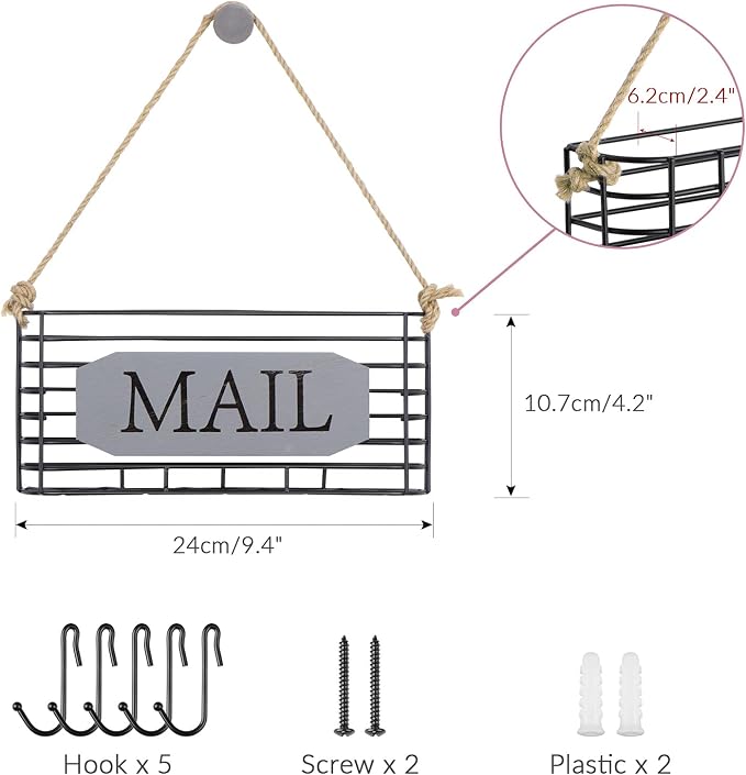 SRIWATANA Mail Holder Wall Mount, Mail Organizer Key Holder for Wall, Small Size, Weathered Grey