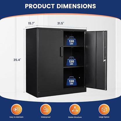 Yizosh Metal Garage Storage Cabinet with 2 Doors and 2 Adjustable Shelves - 35.5" Steel Lockable File Counter Cabinet for Home Office,Garage,Gym,School（Black）